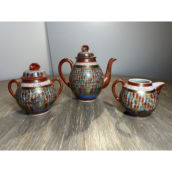Antique Thousand Faces Kutani Hand-Painted Japanese Teapot, Sugar & Creamer Set - Picture 8 of 12